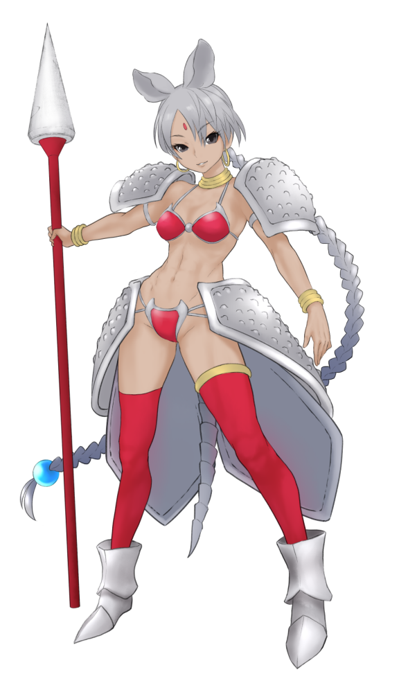 1girl, animal_ears, armor, armored_boots, bikini_armor, black_eyes, boots, bracelet