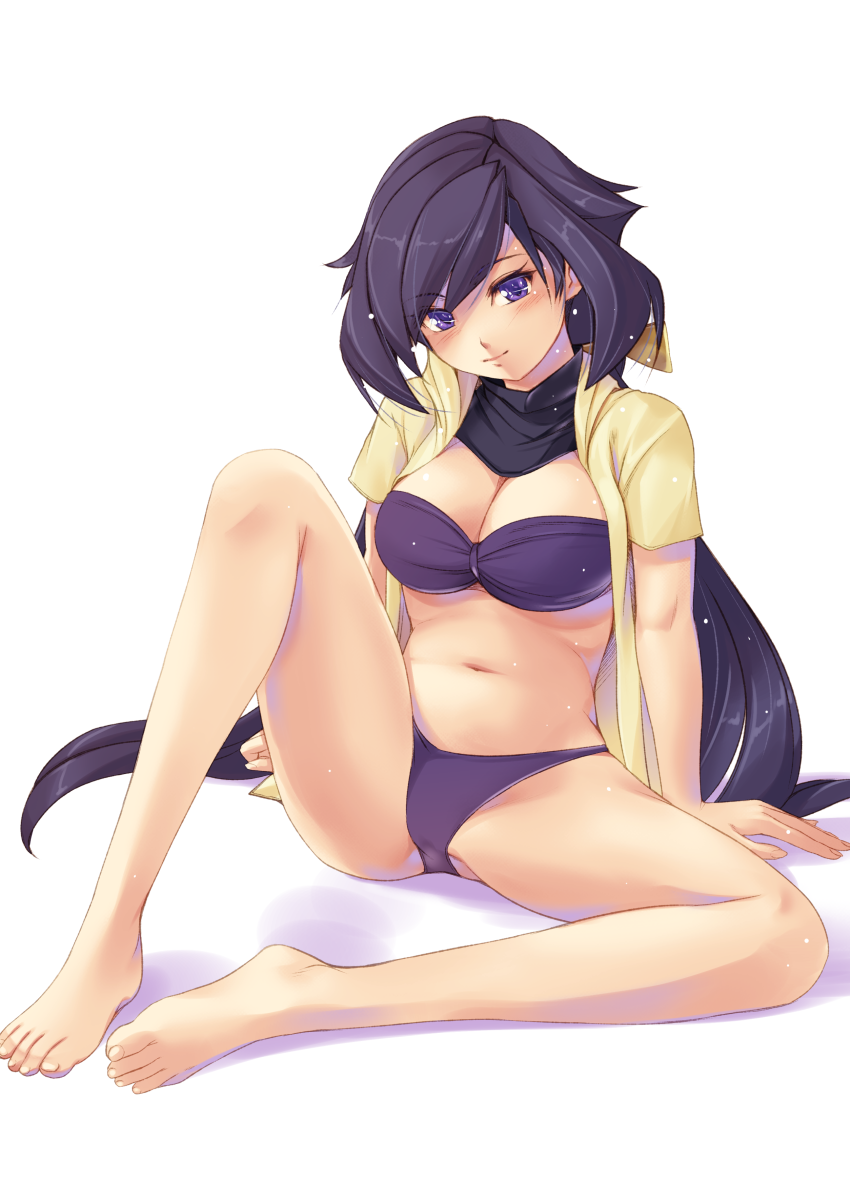 1girl, ayame_(gundam_build_divers), bandeau, bikini, blush, breasts, cleavage, eyebrows_visible_through_hair