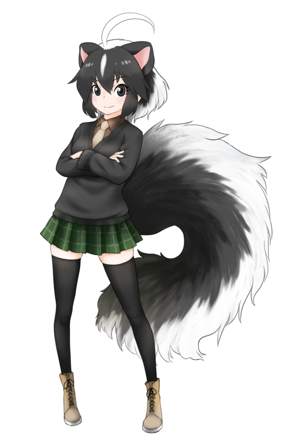 1girl, ahoge, beige_neckwear, black_hair, black_legwear, black_sweater, boots, brown_shirt