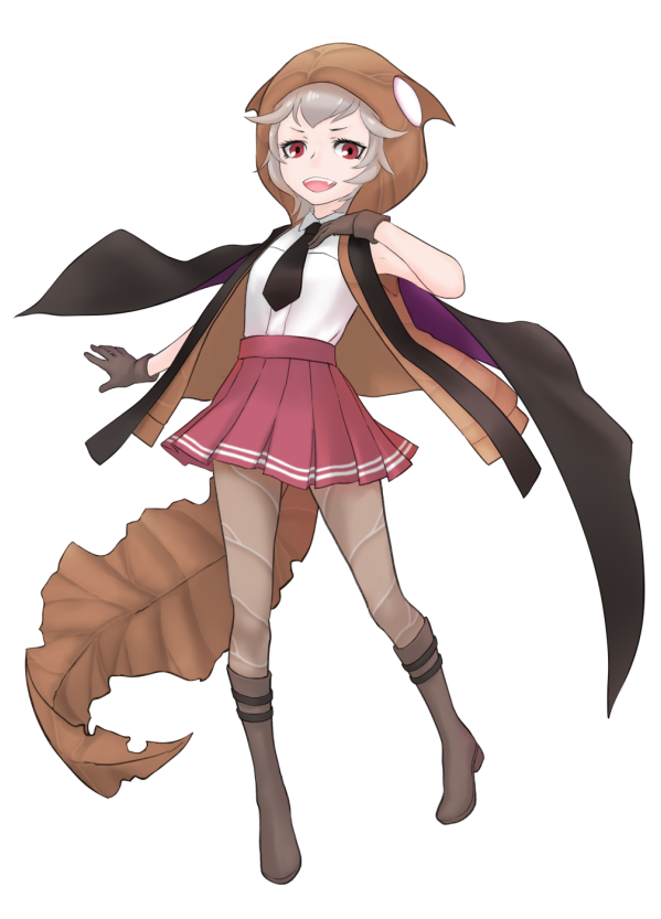 1girl, :d, baweng_satanic_leaf_gecko_(kemono_friends), black_cape, black_neckwear, boots, brown_gloves, cape