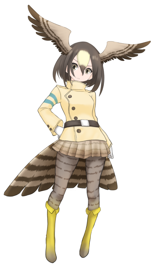 1girl, arm_at_side, belt, bird_tail, black_hair, blonde_hair, boots, frown