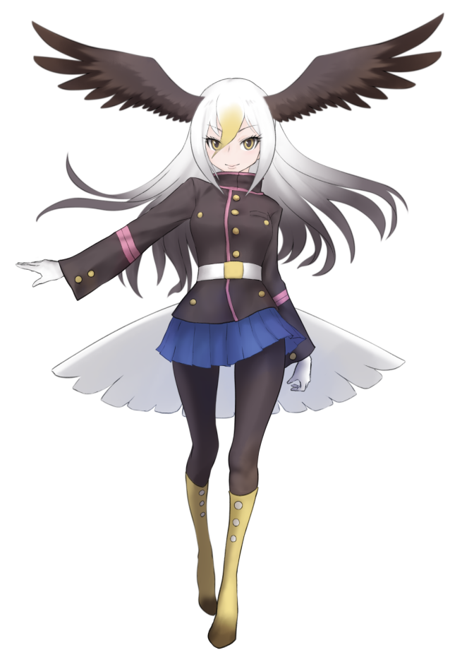 1girl, bald_eagle_(kemono_friends), baweng_satanic_leaf_gecko_(kemono_friends), belt, bird_tail, black_jacket, black_legwear, blonde_hair
