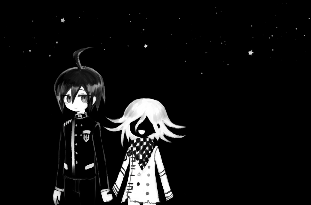 2boys, 8takenokonosato8, ahoge, black_background, black_hair, checkered, checkered_scarf, dangan_ronpa