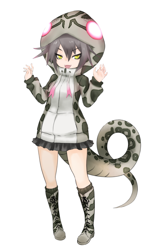 1girl, :d, boots, drawstring, eyebrows_visible_through_hair, fangs, full_body, glowing