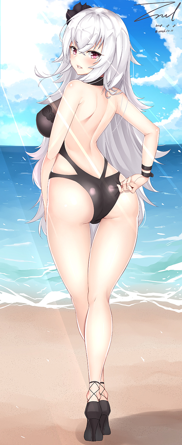 1girl, adjusting_clothes, adjusting_swimsuit, ass, azur_lane, back, bangs, beach