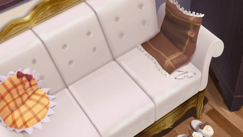 birijian, bow, brown_bow, couch, glasses, indoors, no_humans, pillow