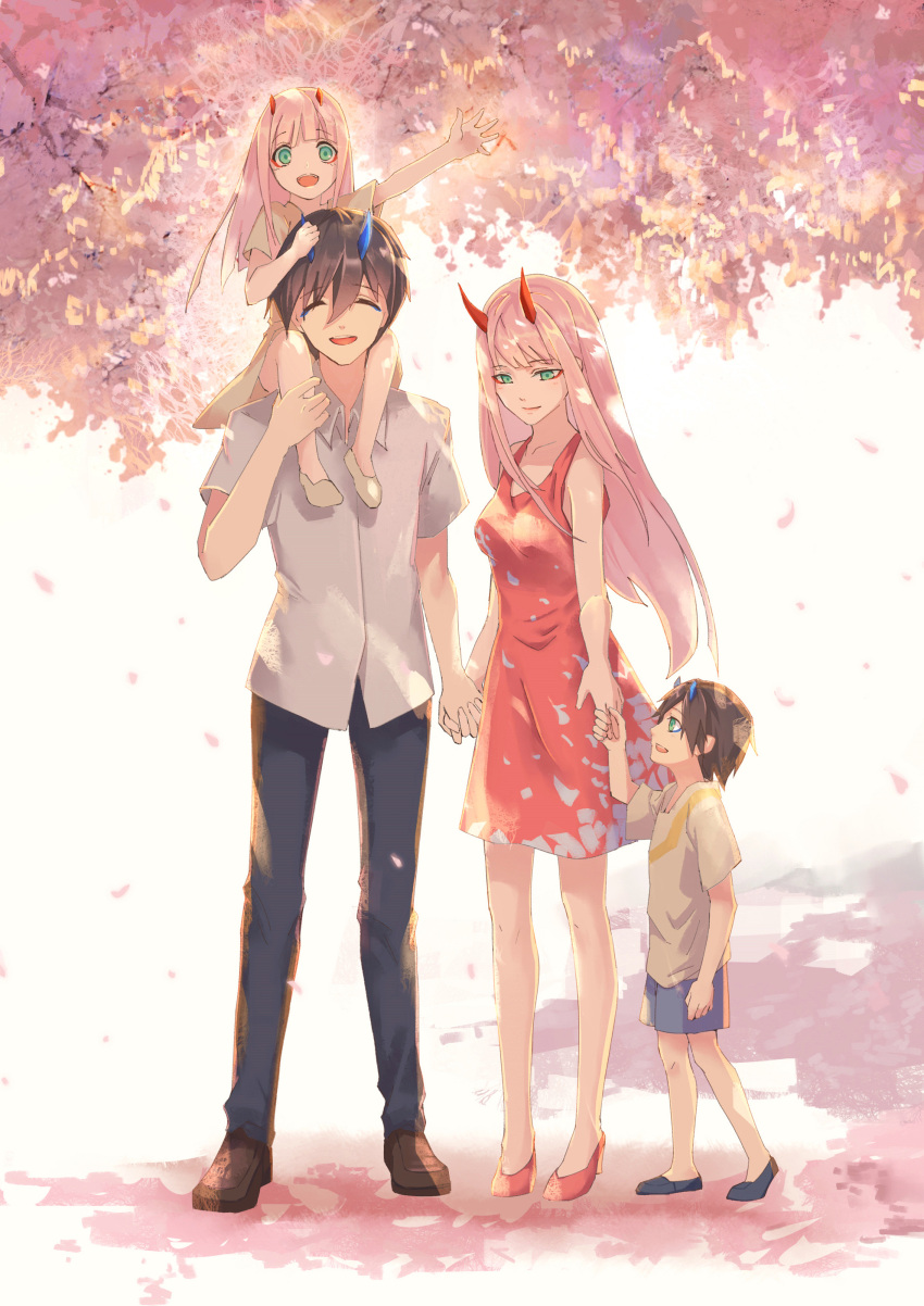 2boys, 2girls, absurdres, bangs, bare_shoulders, black_hair, black_pants, blue_eyes