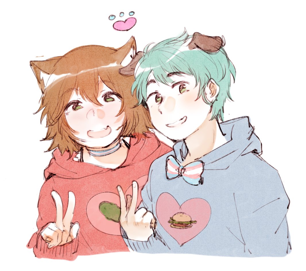1boy, 1girl, animal_ears, breasts, brown_hair, cat_ears, green_eyes, medium_breasts, medium_hair, otoko_no_ko, sweatshirt, traa-tan, v