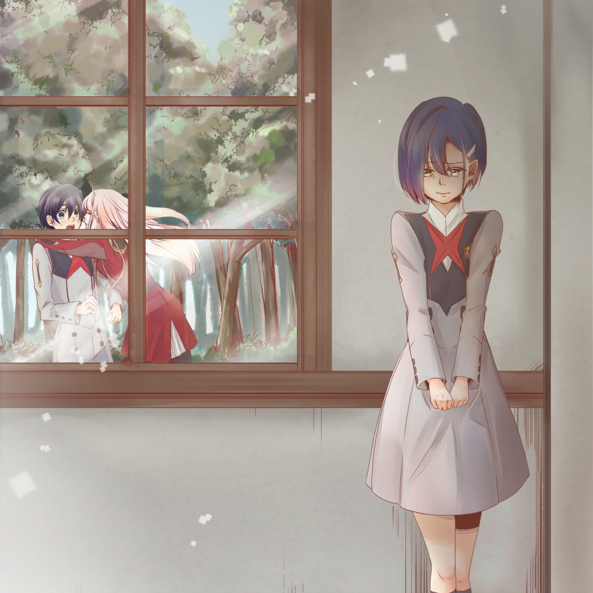 1boy, 2girls, arm_over_shoulder, bangs, black_hair, black_legwear, blue_eyes, breasts, closed_eyes, commentary_request, couple, dappled_sunlight, darling_in_the_franxx, dress, eyebrows_visible_through_hair, forest, green_eyes, grey_dress, hair_ornament, hairband, hairclip, hetero, highres, hiro_(darling_in_the_franxx), horns, hug, ichigo_(darling_in_the_franxx), jealous, light_rays, long_hair, long_sleeves, military, military_uniform, multiple_girls, nature, necktie, netorare, oni_horns, pantyhose, pink_hair, red_dress, red_horns, red_neckwear, sad, short_hair, small_breasts, sunbeam, sunlight, thighs, tree, uniform, white_hairband, window, yraskaagaos-fp, zero_two_(darling_in_the_franxx)