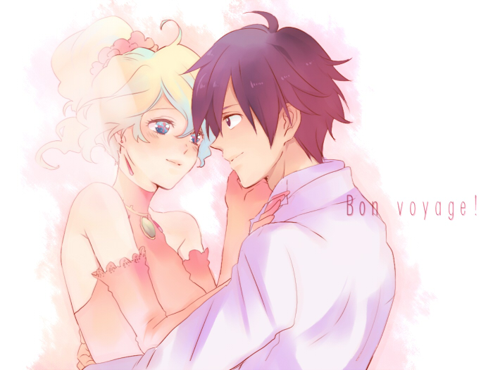 1girl, ahoge, bad_id, bride, couple, deirn, dress, gloves, hug, kiui, nia_teppelin, simon, smile, tengen_toppa_gurren_lagann, wedding, wedding_dress
