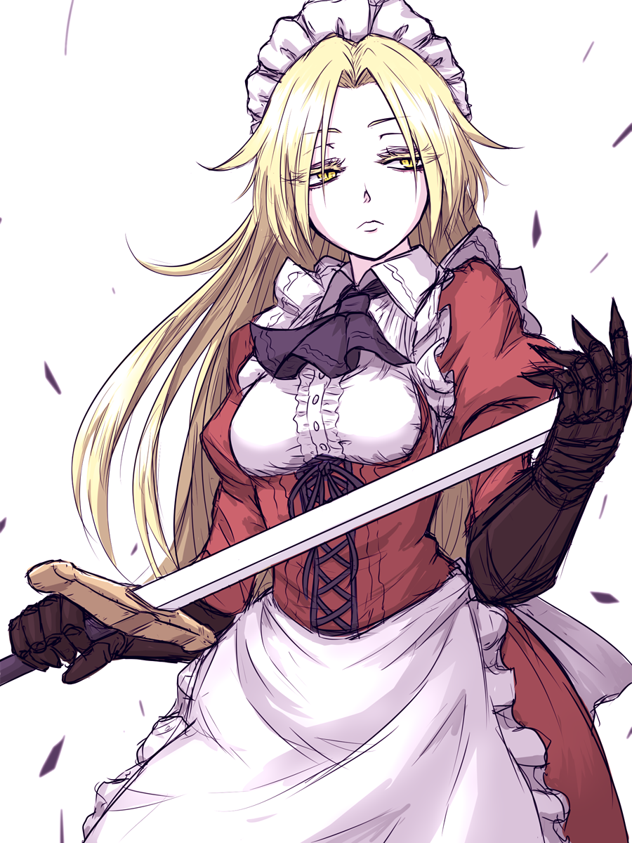 1girl, apron, ascot, bangs, blonde_hair, breasts, closed_mouth, collared_shirt