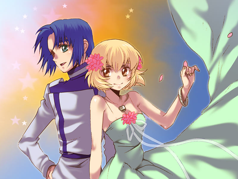 1girl, athrun_zala, bad_id, blonde_hair, blue_hair, cagalli_yula_athha, couple, dress