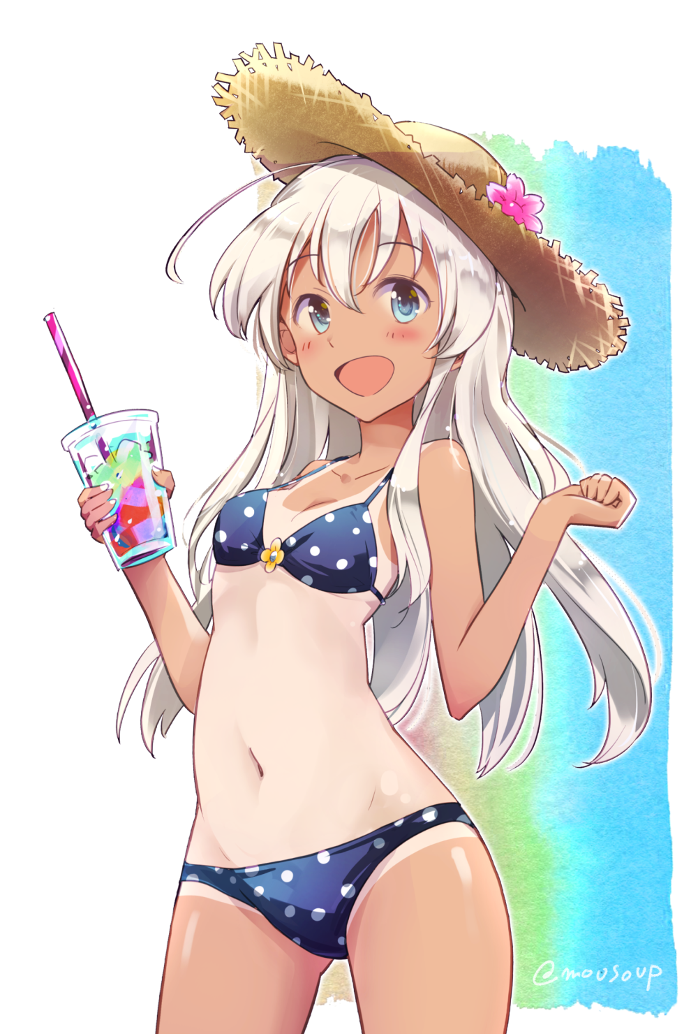 1girl, ahoge, ass_visible_through_thighs, bangs, bikini, blue_bikini, blue_bikini_bottom, blue_bikini_top, blue_eyes, blush, collarbone, commentary_request, cowboy_shot, cup, drinking_straw, eyebrows_visible_through_hair, flower, groin_tendon, hair_between_eyes, hair_flower, hair_ornament, hat, highres, holding, kantai_collection, long_hair, looking_at_viewer, moupii_(hitsuji_no_ki), navel, one-piece_tan, open_mouth, polka_dot, polka_dot_bikini, polka_dot_bikini_bottom, polka_dot_bikini_top, ro-500_(kantai_collection), simple_background, smile, solo, standing, straw_hat, string_bikini, swimsuit, tan, tanline, white_hair