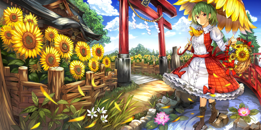 1girl, ascot, basket, blue_sky, bow, breasts, bridge, brown_footwear