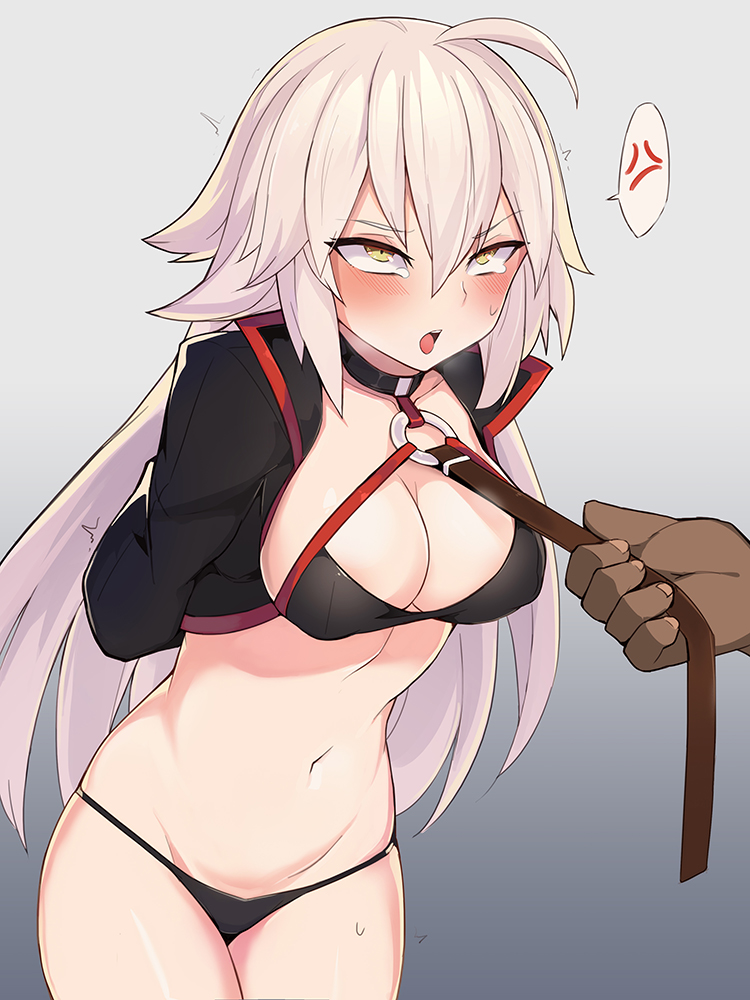 1girl, ahoge, anger_vein, arms_behind_back, bangs, bikini, black_bikini, black_choker