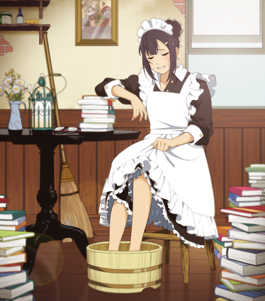 1girl, apron, black_hair, book, broom, closed_eyes, commentary, eyewear_removed, flower, frills, glasses, hair_bun, hot, indoors, lantern, maid, maid_apron, maid_headdress, original, sitting, skirt_hold, solo, suzushiro_(suzushiro333), sweat, vase, washtub, window