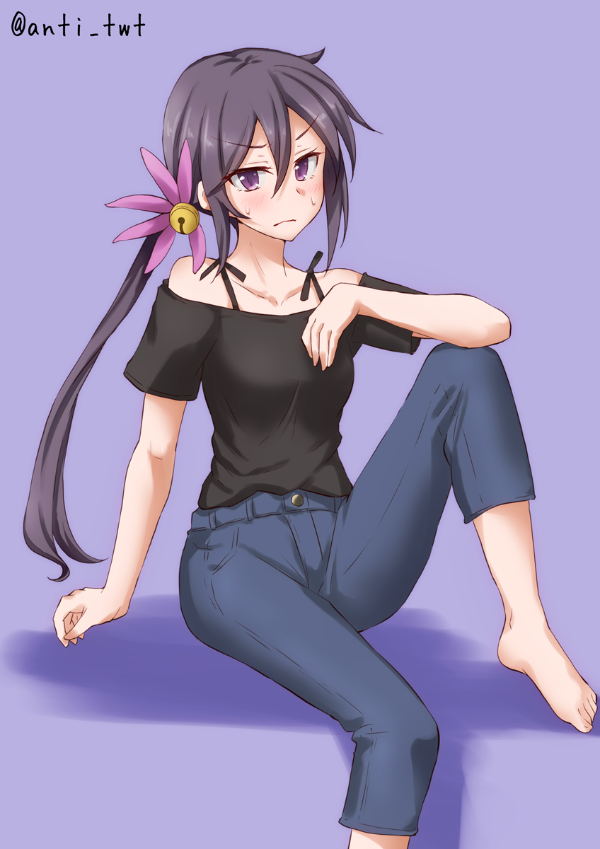 1girl, akebono_(kantai_collection), alternate_costume, anti_(untea9), barefoot, bell, black_shirt, commentary_request