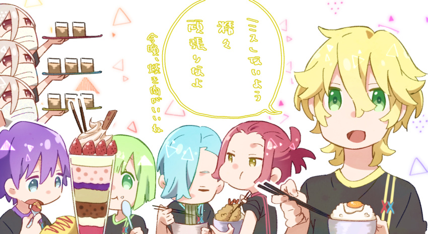 4boys, 4girls, blonde_hair, blue_hair, bob_cut, bowl, chibi, chopsticks