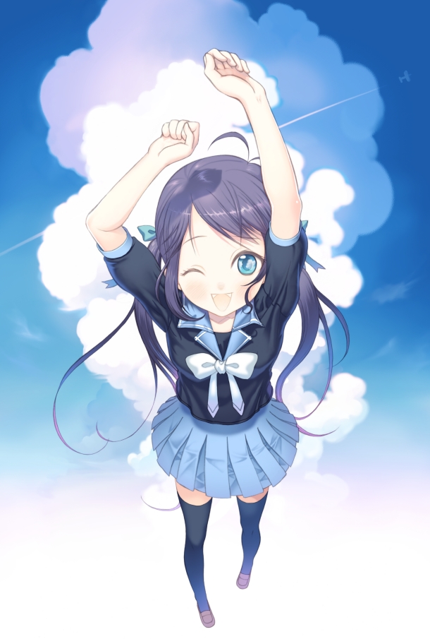 ahoge, blue_eyes, blush, bow, cloud, cute, hanamura_mai, loli, original, purple_hair, ryouiki_zetta, school_uniform, seifuku, skirt, sky, thigh_highs, thighhighs, twintails, uniform, wink, zettai_ryouiki
