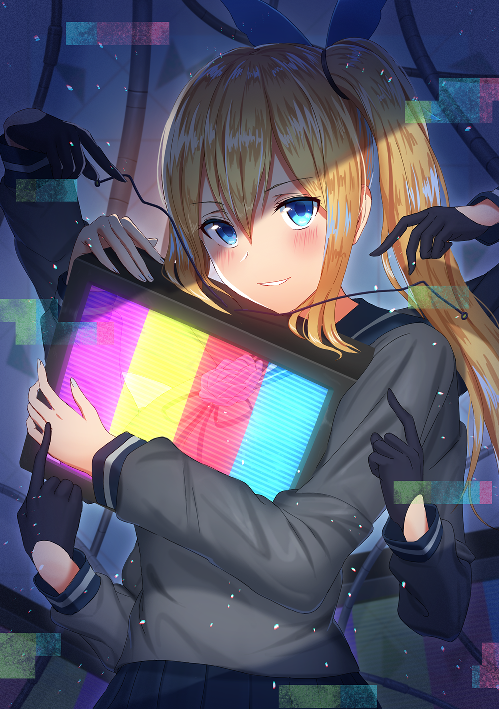 1girl, bangs, black_gloves, blonde_hair, blue_eyes, blue_sailor_collar, blue_skirt, blush