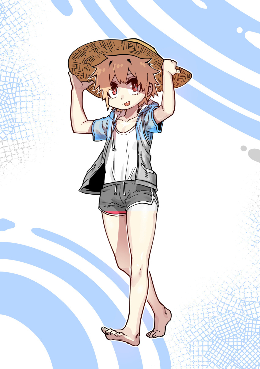 1boy, absurdres, barefoot, blonde_hair, full_body, hat, highres, hood