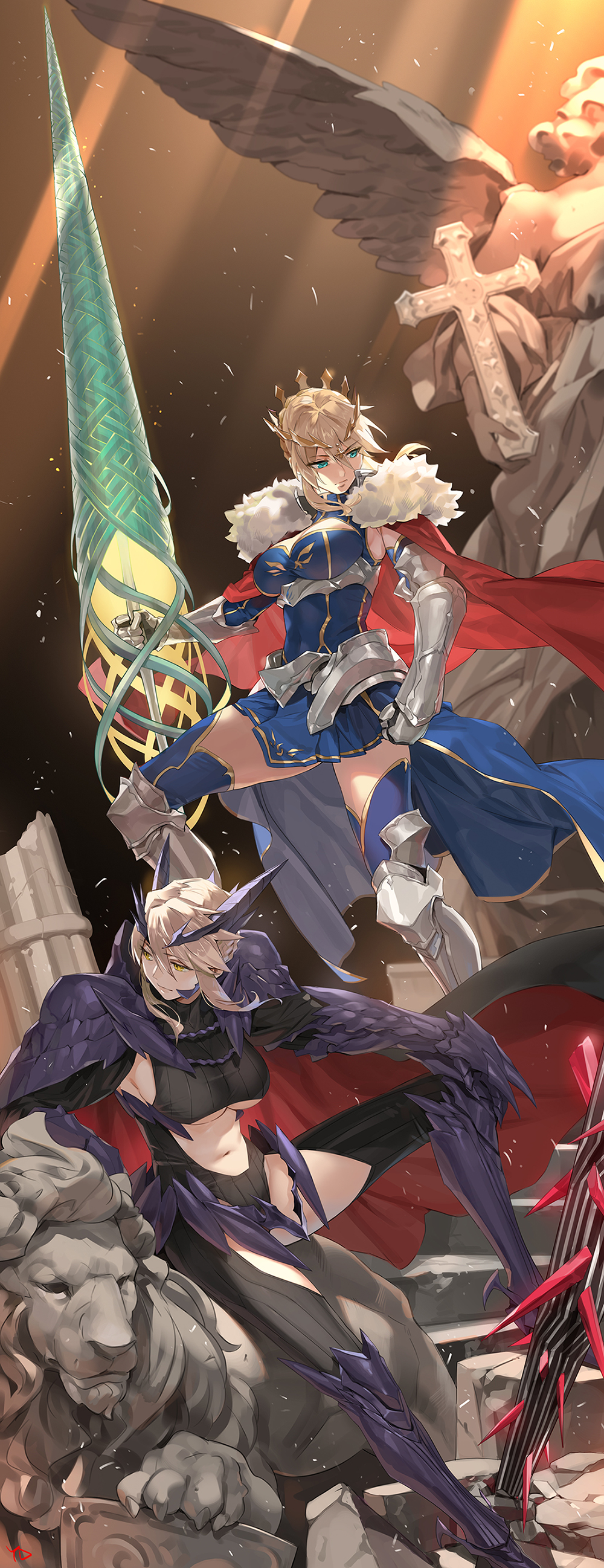2girls, absurdres, ahoge, armor, armored_boots, artoria_pendragon_(all), artoria_pendragon_(lancer), artoria_pendragon_(lancer_alter)