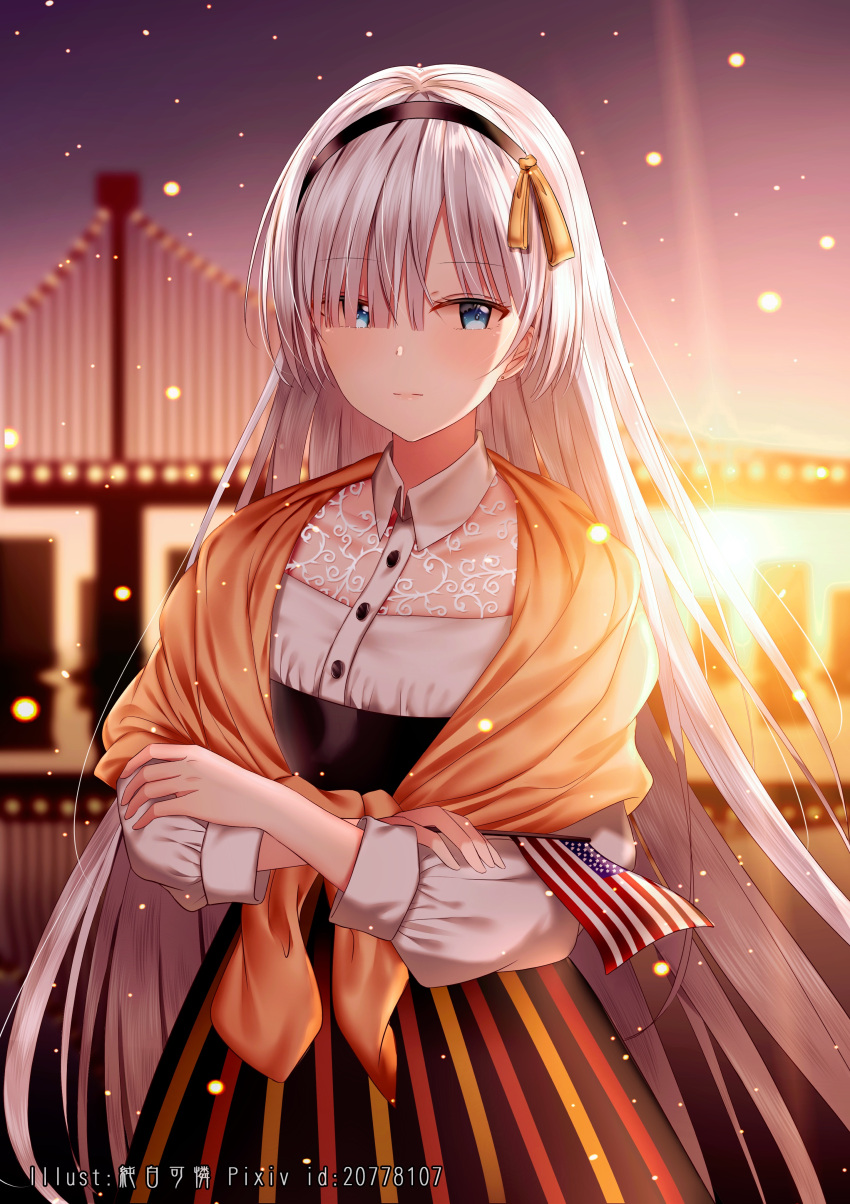 1girl, absurdres, american_flag, anastasia_(fate/grand_order), bangs, black_hairband, black_skirt, blue_eyes