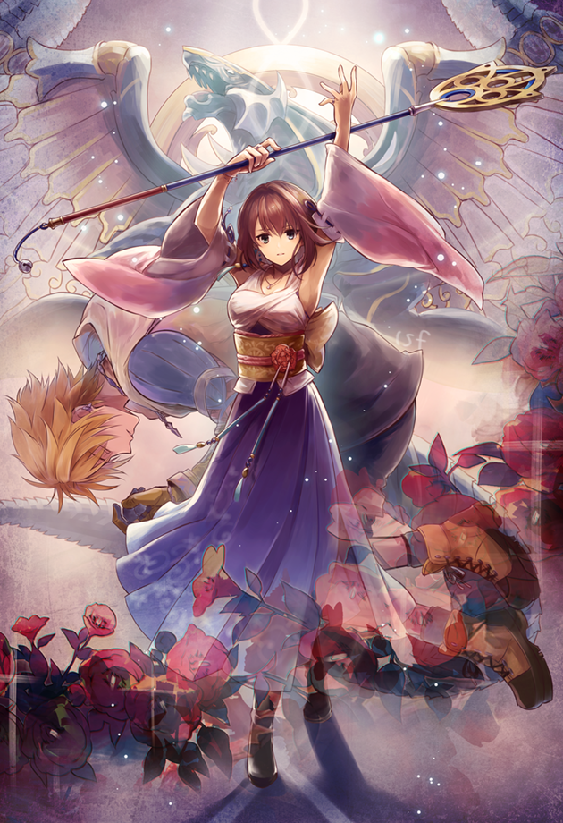 1boy, 1girl, armpits, arms_up, back_bow, bahamut_(final_fantasy), black_footwear, blonde_hair, blue_eyes, boots, bow, brown_hair, closed_eyes, detached_sleeves, dragon, final_fantasy, final_fantasy_x, flower, full_body, hakama, holding, holding_staff, japanese_clothes, lying, messy_hair, obi, on_side, purple_hakama, sasanomesi, sash, shoes, short_hair, sleeping, staff, standing, tidus, wide_sleeves, wings, yellow_footwear, yuna_(ff10)