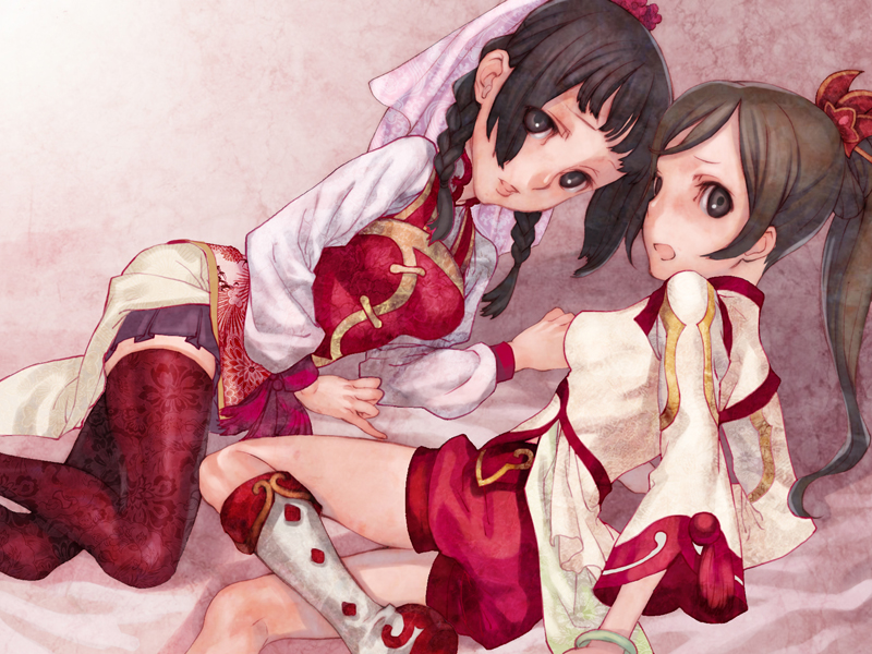 2girls, da_qiao, pigtails, ponytail, saiki_keita, shin_sangoku_musou, shorts, skirt, thigh-highs, thighhighs, twin_braids, xiao_qiao, zettai_ryouiki