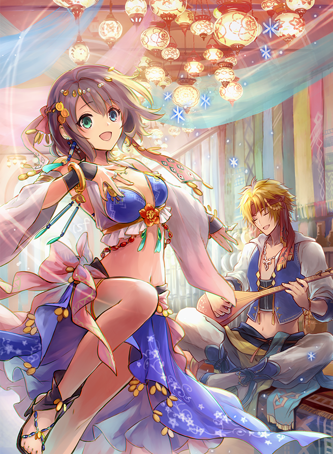 1boy, 1girl, :d, alternate_costume, arabian_clothes, bikini, blonde_hair, blue_bikini