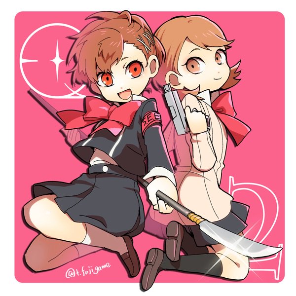2girls, atlus, bow, brown_eyes, brown_hair, evoker, female_protagonist_(persona_3), gekkoukan_high_school_uniform