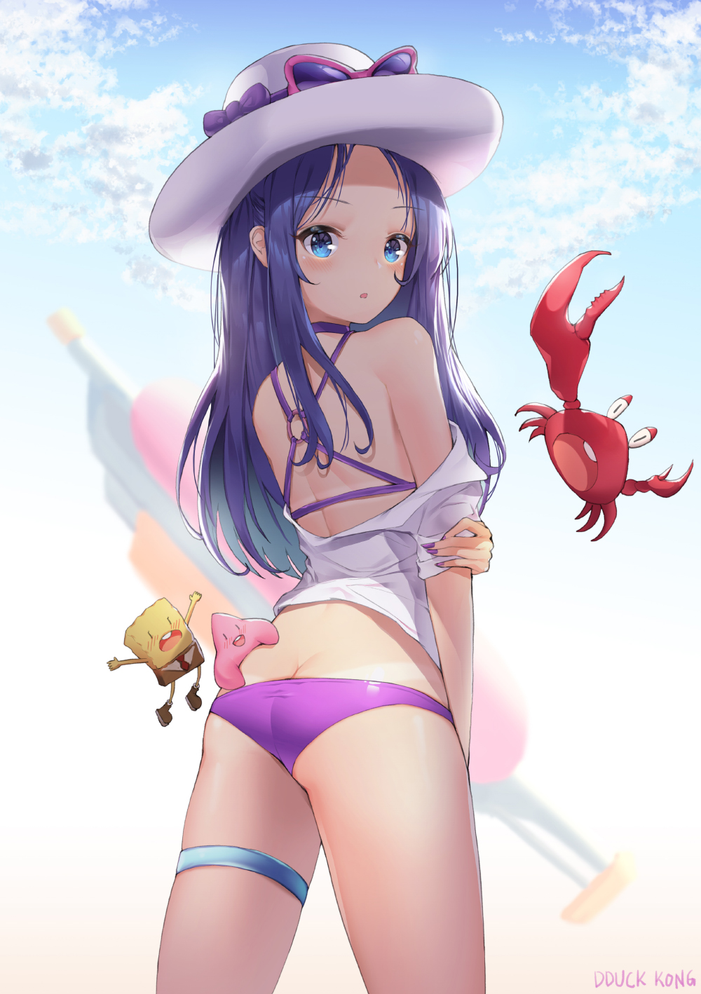 1girl, ass, bare_shoulders, bikini, black_hair, blue_eyes, blush, bow