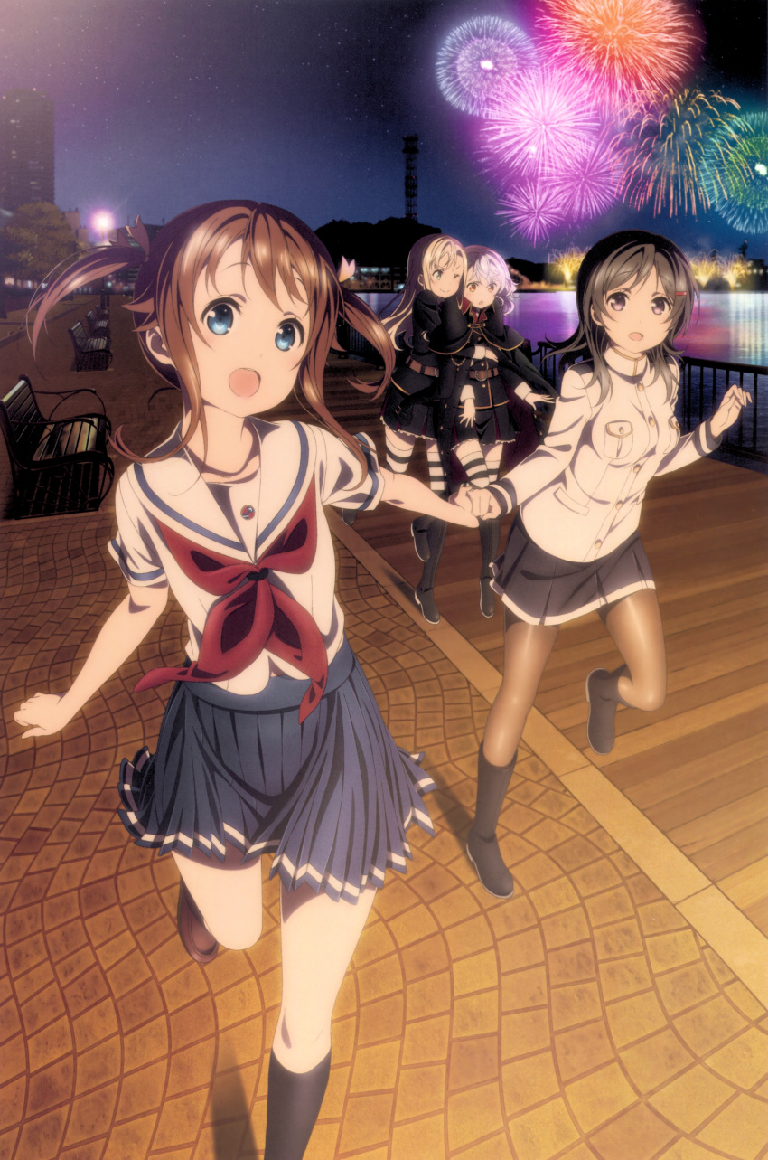 4girls, absurdres, bench, blonde_hair, blue_eyes, boots, brown_eyes, brown_hair