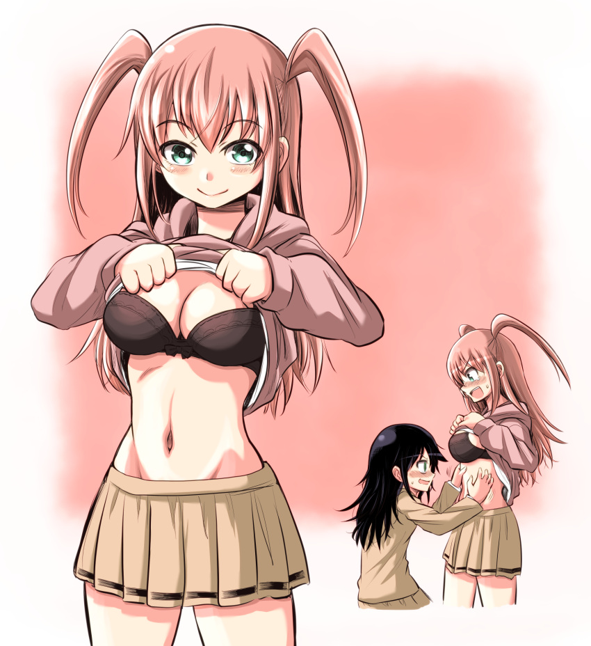 2girls, :d, black_bra, black_hair, blush, bra, breasts, cleavage, colored, commentary_request, cowboy_shot, from_side, graphite_(medium), green_eyes, hands_on_another's_stomach, highres, hood, hoodie, hoodie_lift, kuroki_tomoko, lifted_by_self, long_hair, medium_breasts, multiple_girls, multiple_views, navel, nemoto_hina, open_mouth, pink_background, pink_hair, pleated_skirt, profile, school_uniform, shirt_lift, single_stripe, skirt, smile, stomach, sweatdrop, tears, teeth, traditional_media, two_side_up, underwear, v-shaped_eyebrows, watashi_ga_motenai_no_wa_dou_kangaetemo_omaera_ga_warui!, yuri, zatou_(kirsakizato)