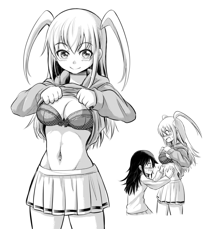 2girls, :d, blush, bra, breasts, cleavage, commentary_request, cowboy_shot