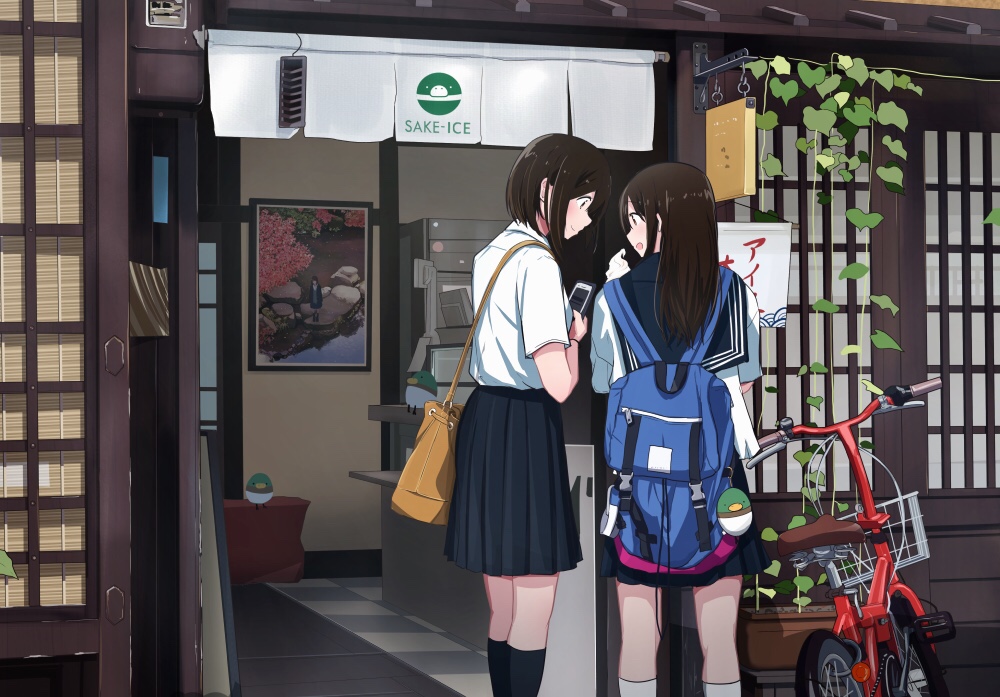 2girls, backpack, bag, bicycle, bird, black_hair, black_legwear, black_skirt