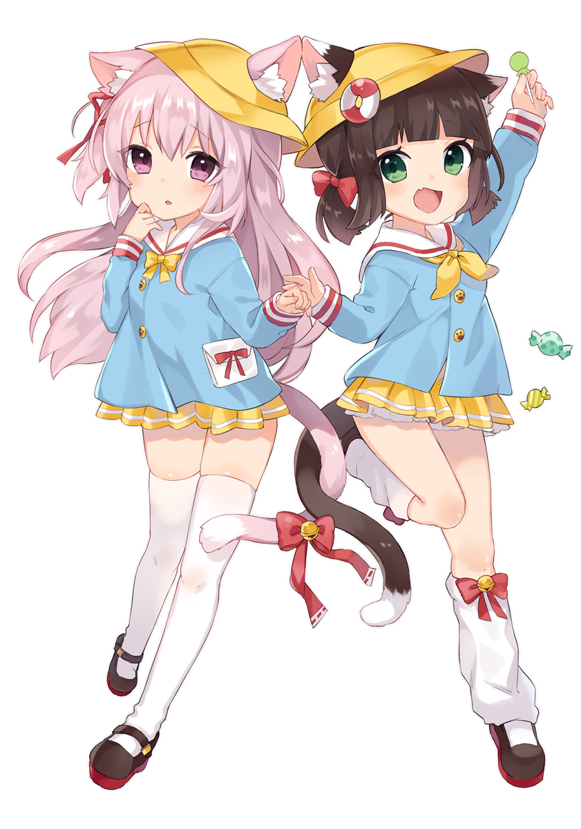 2girls, :d, animal_ears, arm_up, azur_lane, bangs, bell, blue_shirt