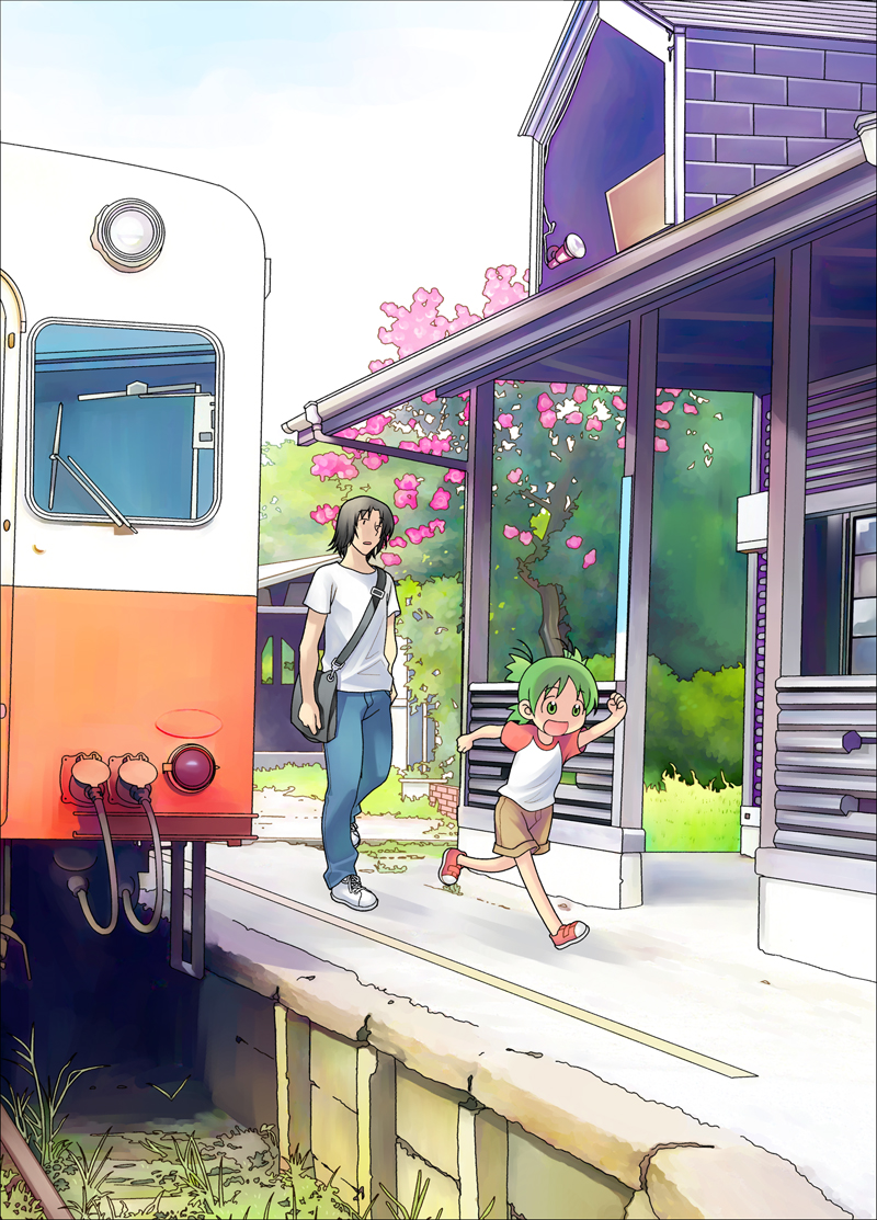 cherry_blossoms, father_and_daughter, green_eyes, green_hair, koiwai_yotsuba, kugajo, kugajou_takaya, mr_koiwai