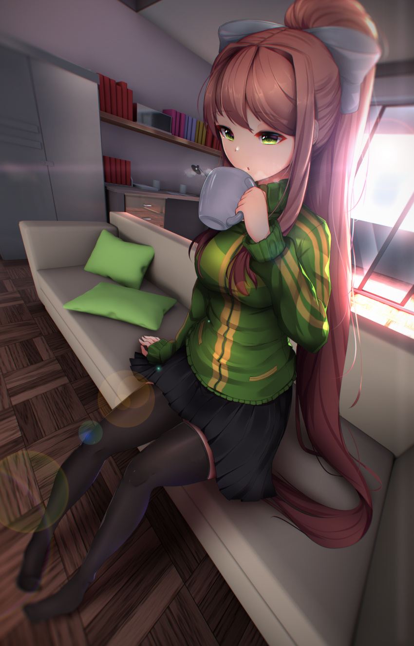 1girl, 3d_background, absurdres, black_legwear, black_skirt, brown_hair, commentary, commission