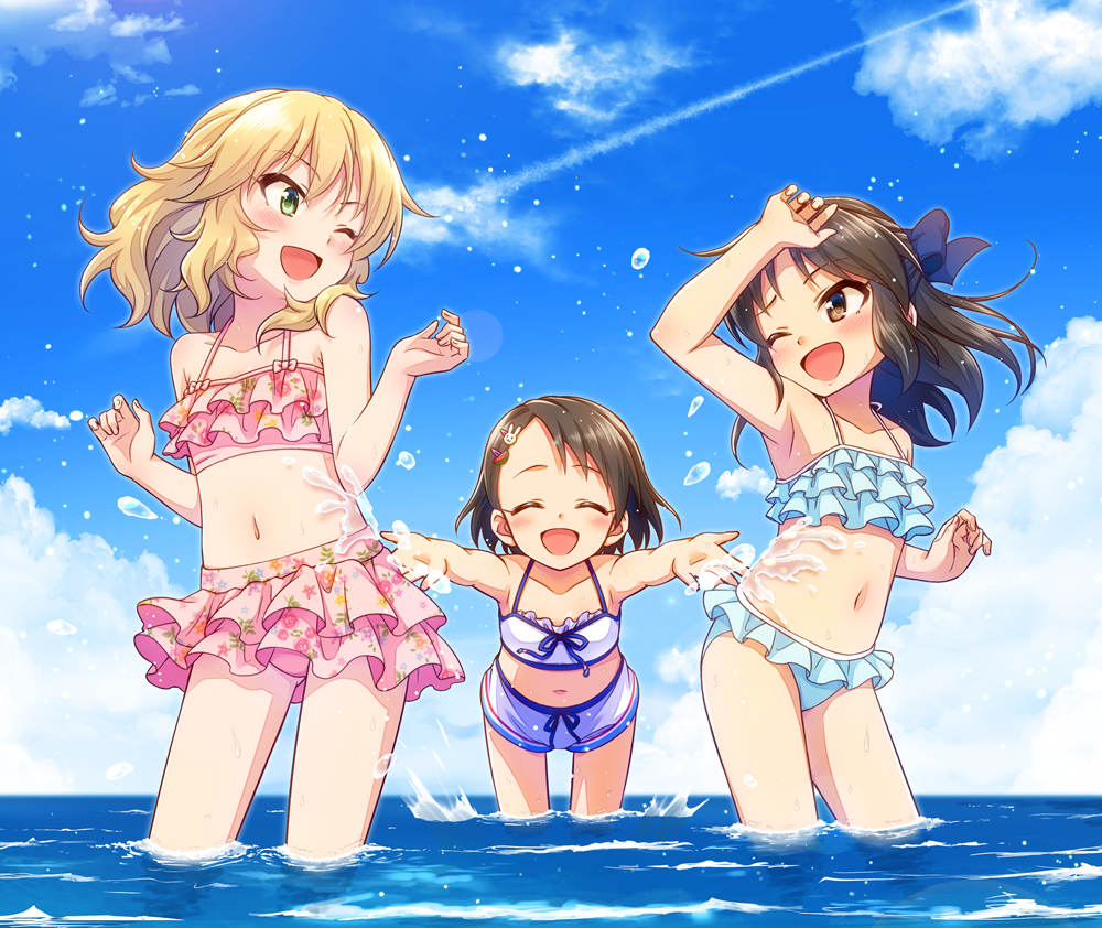 3girls, bikini, black_eyes, black_hair, blonde_hair, blue_bow, bow, brown_eyes, bunny_hair_ornament, closed_eyes, commentary_request, flat_chest, frilled_bikini, frills, green_eyes, hair_ornament, half_updo, idolmaster, idolmaster_cinderella_girls, long_hair, multiple_girls, naoharu_(re_barna), ocean, one_eye_closed, open_mouth, sakurai_momoka, sasaki_chie, short_hair, swimsuit, tachibana_arisu, wavy_hair