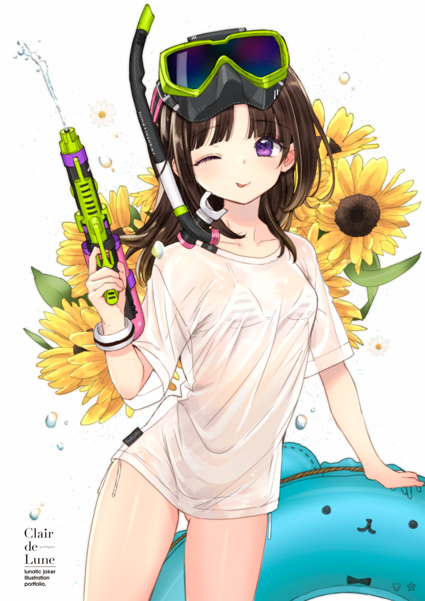 1girl, ;p, arm_support, bangs, bikini, bikini_under_clothes, blue_innertube, breasts