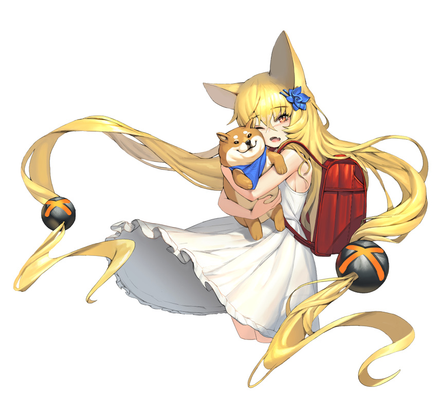 1girl, animal_ears, backpack, bag, bare_shoulders, blonde_hair, breasts, dog, eyebrows_visible_through_hair, g41_(girls_frontline), girls_frontline, hair_bobbles, hair_ornament, highres, hug, long_hair, low-tied_long_hair, one_eye_closed, orange_eyes, romana, scarf, shiba_inu, sideboob, slit_pupils, urajiro, very_long_hair, white_background, wind