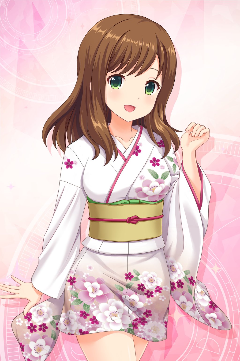 1girl, alternative_girls, bangs, blush, breasts, cowboy_shot, floral_print, green_eyes