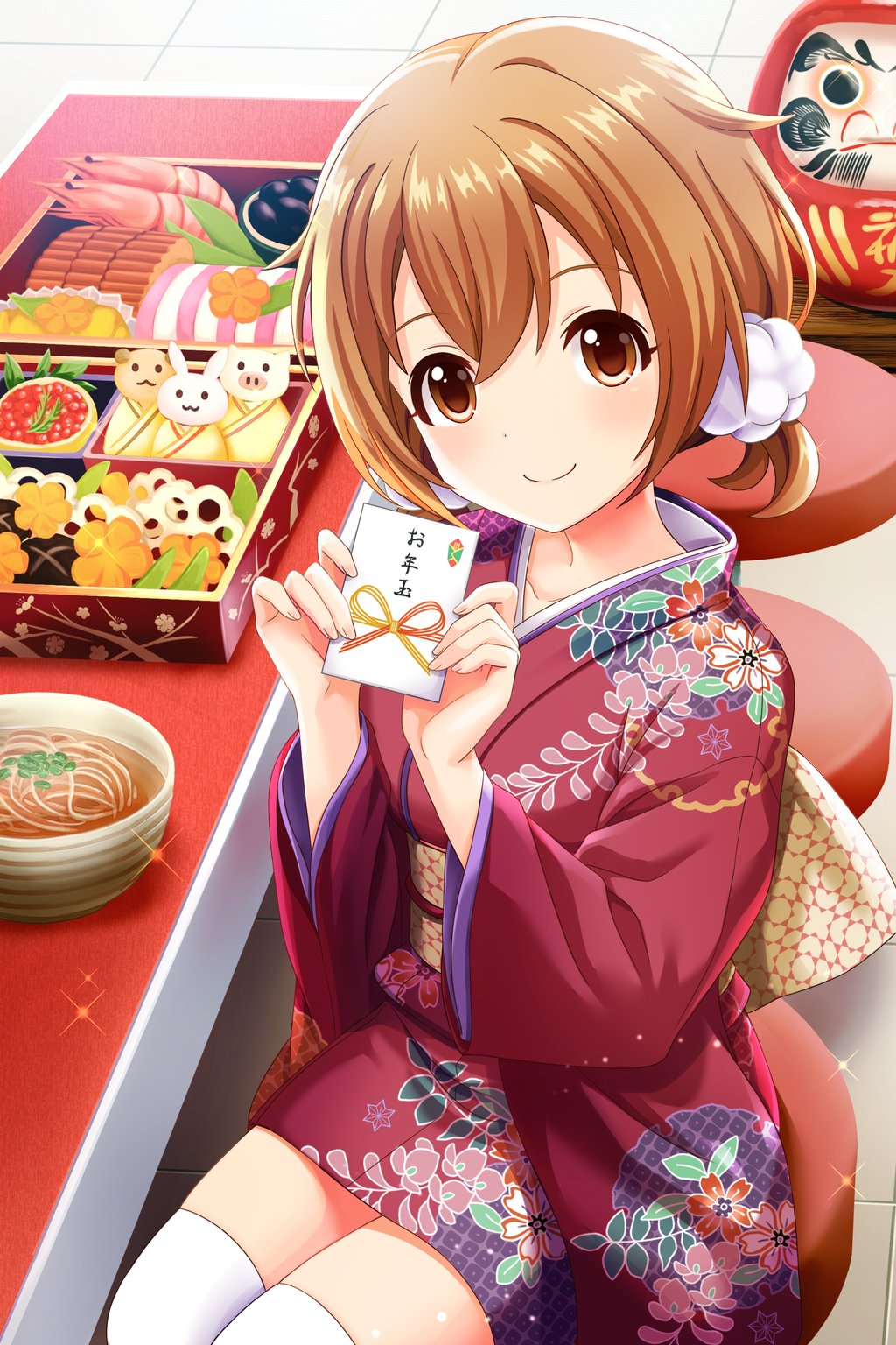 1girl, alternative_girls, bangs, blush, cowboy_shot, floral_print, food, hair_between_eyes