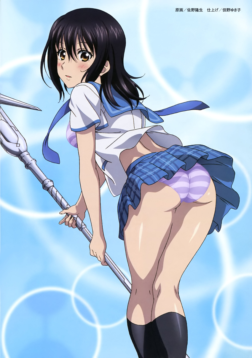 1girl, absurdres, ass, bent_over, black_hair, black_legwear, blue_skirt, blush