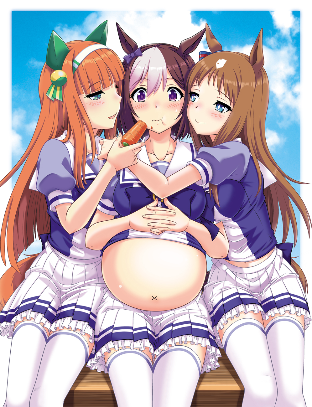 3girls, :t, animal_ears, aqua_eyes, bangs, big_belly, blue_eyes, blunt_bangs, blush, border, breasts, brown_hair, carrot, closed_mouth, clouds, collarbone, ear_covers, eyebrows_visible_through_hair, feeding, food, food_on_face, girl_sandwich, grass_wonder, hair_between_eyes, hairband, hand_on_another's_shoulder, highres, holding, holding_food, horse_ears, horse_tail, large_breasts, lavender_hair, long_hair, looking_at_another, looking_at_viewer, midriff, multicolored_hair, multiple_girls, orange_hair, outside_border, own_hands_together, parted_lips, pleated_skirt, puffy_short_sleeves, puffy_sleeves, sailor_collar, sandwiched, short_sleeves, silence_suzuka, sitting, skirt, sky, special_week, tail, thigh-highs, two-tone_hair, umajiri_gyuunyuu, umamusume, very_long_hair, violet_eyes, white_hair, white_legwear, white_skirt, yuri