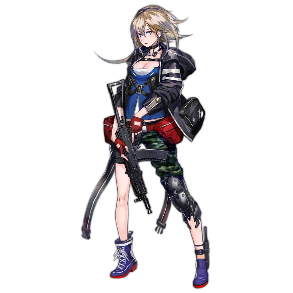 1girl, ak-74u_(girls_frontline), aks-74u, artist_request, assault_rifle, asymmetrical_legwear, blue_eyes, breasts, brown_hair, camouflage, camouflage_pants, cleavage, earphones, fanny_pack, fingerless_gloves, girls_frontline, gloves, gun, holstered_weapon, hood, hooded_jacket, jacket, knee_pads, knife_holster, official_art, pants, rifle, solo, weapon