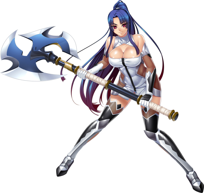 1girl, axe, bare_shoulders, battle_axe, blue_hair, breasts, dress, elbow_gloves