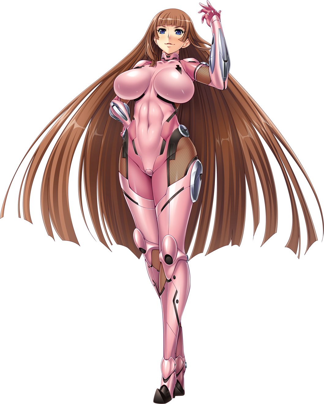 1girl, aoi_nagisa_(metalder), arm_guards, armor, bangs, blue_eyes, bodysuit, breasts, brown_hair, covered_navel, fishnets, full_body, gloves, hand_on_hip, hand_up, high_heels, highres, impossible_bodysuit, impossible_clothes, koukawa_asuka, large_breasts, lilith-soft, long_hair, looking_at_viewer, official_art, parted_lips, pink_bodysuit, shiny, shiny_clothes, shiny_hair, shiny_skin, skin_tight, smile, solo, standing, taimanin_(series), taimanin_asagi, thigh-highs, transparent_background, very_long_hair