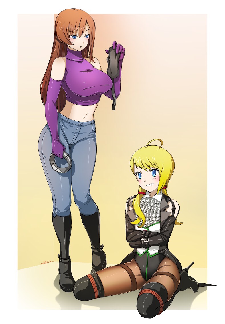 1boy, 1girl, ahoge, bare_shoulders, bdsm, blindfold, blonde_hair, blue_eyes
